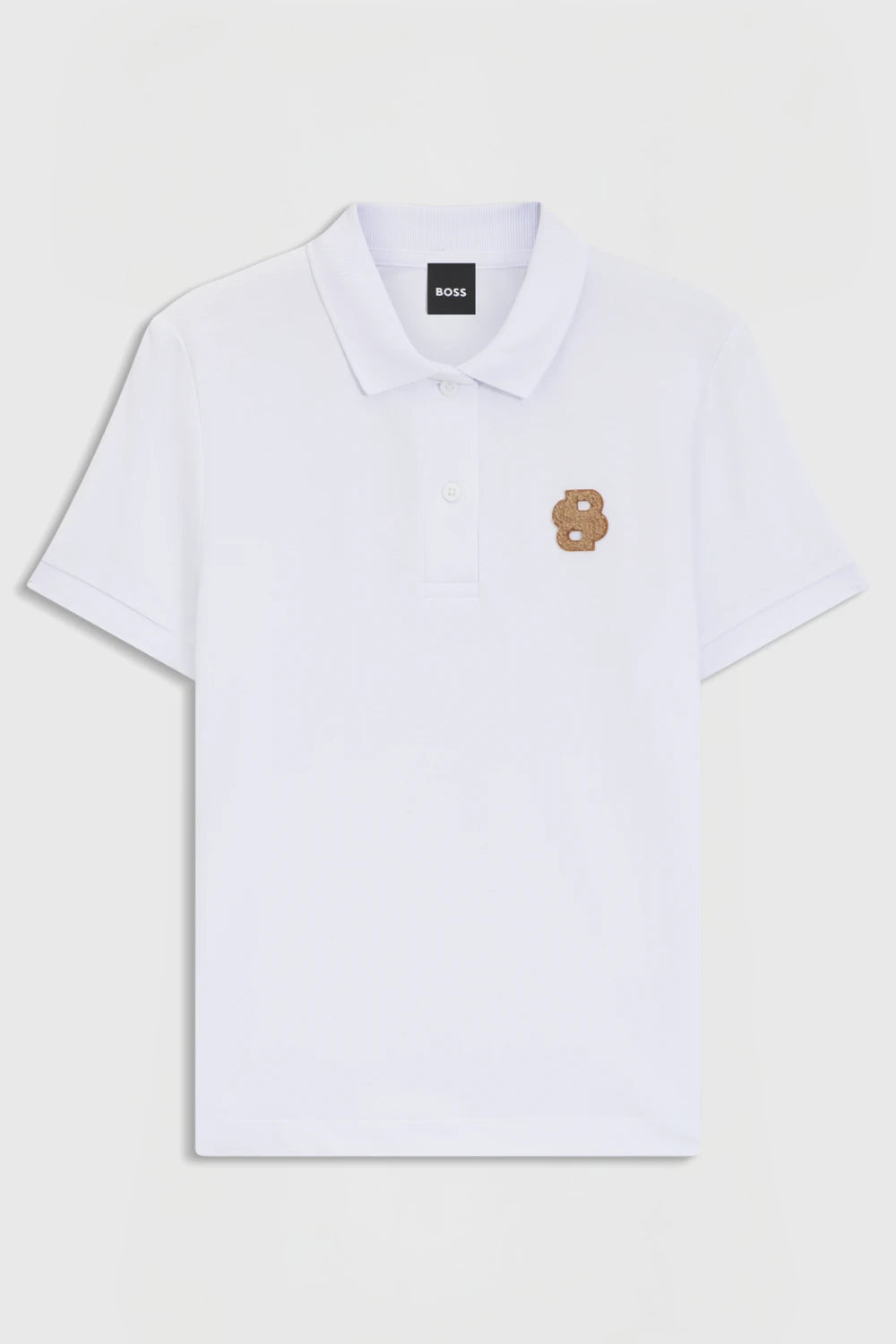 White | White polo shirt with a small logo on a light gray background