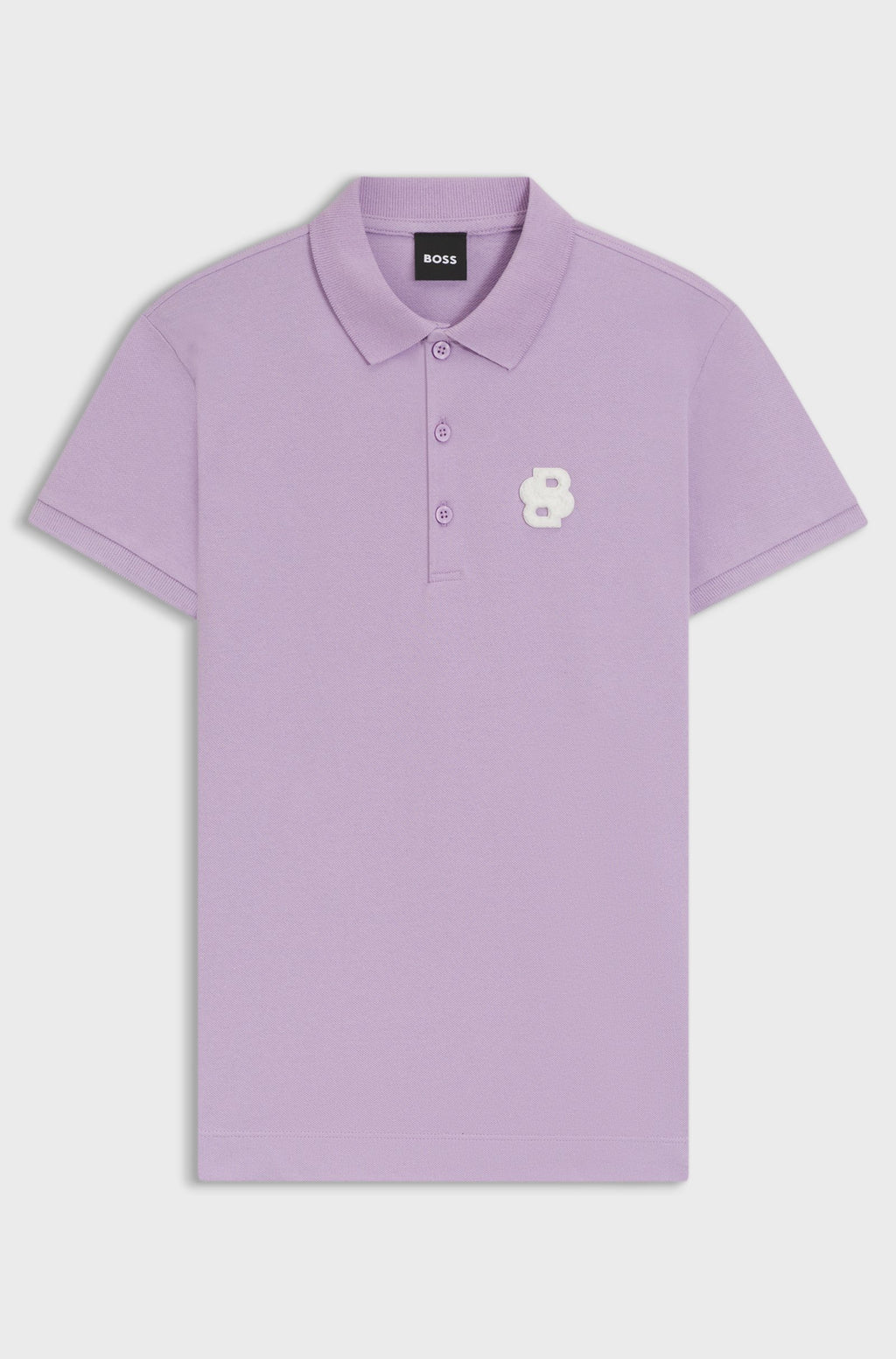 Orchid | A light purple short-sleeve polo shirt by BOSS, featuring a three-button placket and a small white embroidered flower logo on the left chest, displayed on a clean light gray background.